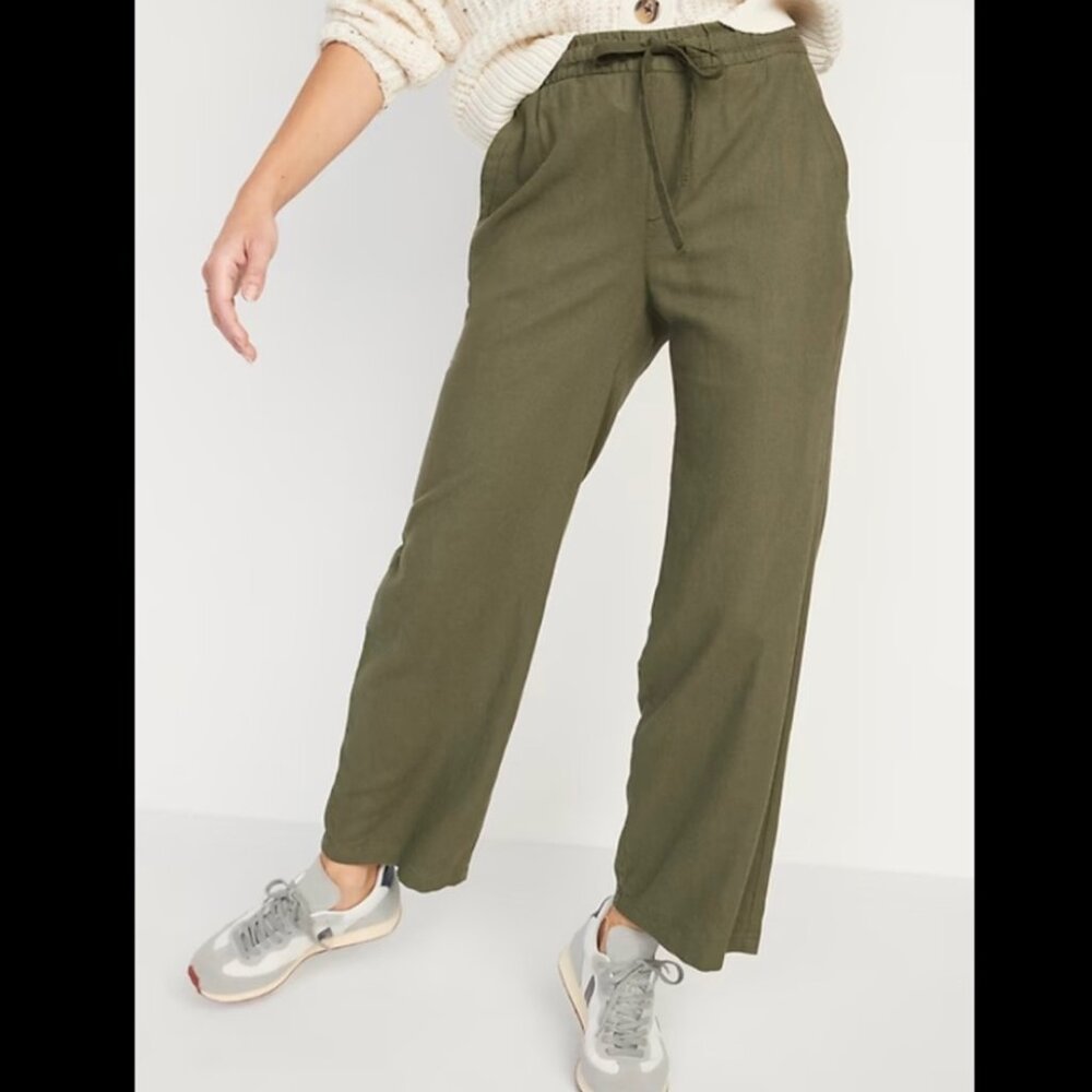 Old Navy Women Crop Wide Leg High Rise Linen Blend Pants Pockets Olive Green XL